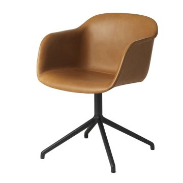 Fiber Armchair, Swivel Base, Cognac Leather Shell / Black Base