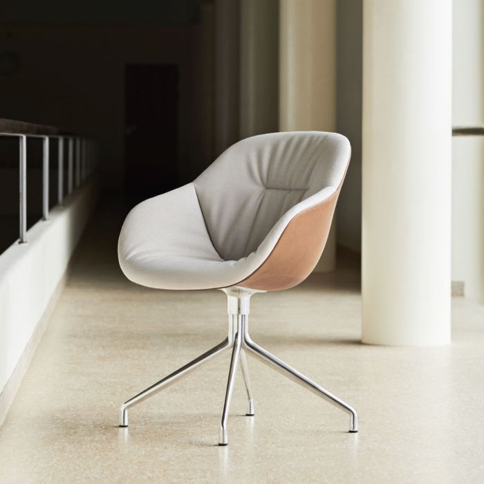 AAC 121 Soft Duo Chair, Beige Upholstery / Brown Leather Shell / Polished Aluminium Base