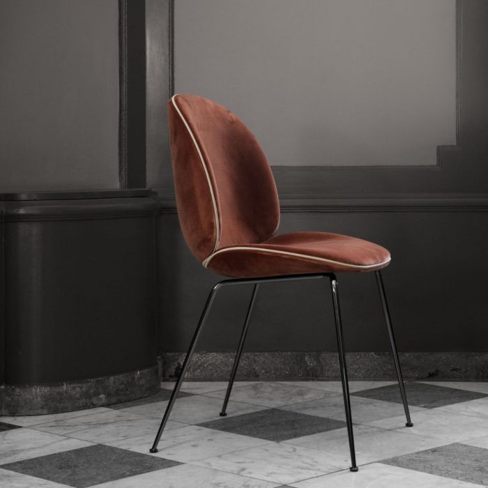 Beetle Dining Chair, Dark Blue Upholstery / Golden Piping / Black Chrome Base