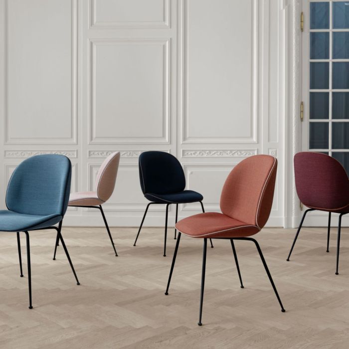 Beetle Dining Chair, Dark Blue Upholstery / Golden Piping / Black Chrome Base