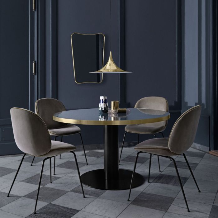 Beetle Dining Chair, Dark Blue Upholstery / Golden Piping / Black Chrome Base