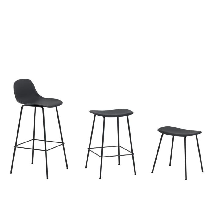 Fiber Bar Stool With Backrest, H65 cm, Tube Base, Black Seat / Black Base