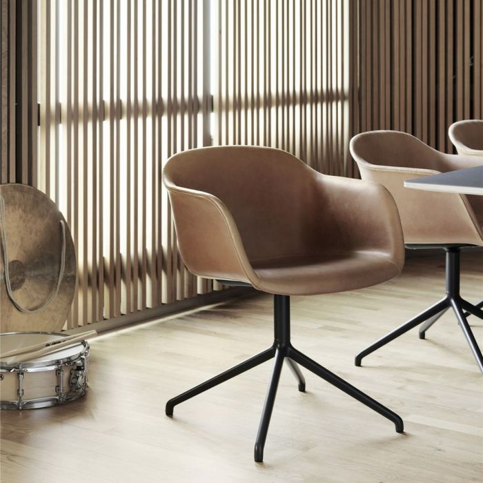 Fiber Armchair, Swivel Base, Cognac Leather Shell / Black Base
