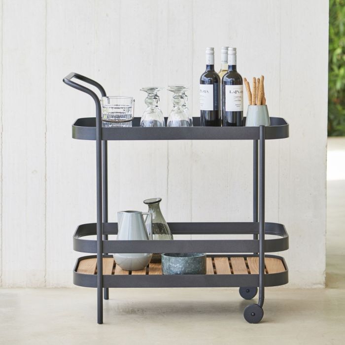 Roll Bar Trolley With Teak Table Top, Lava Grey