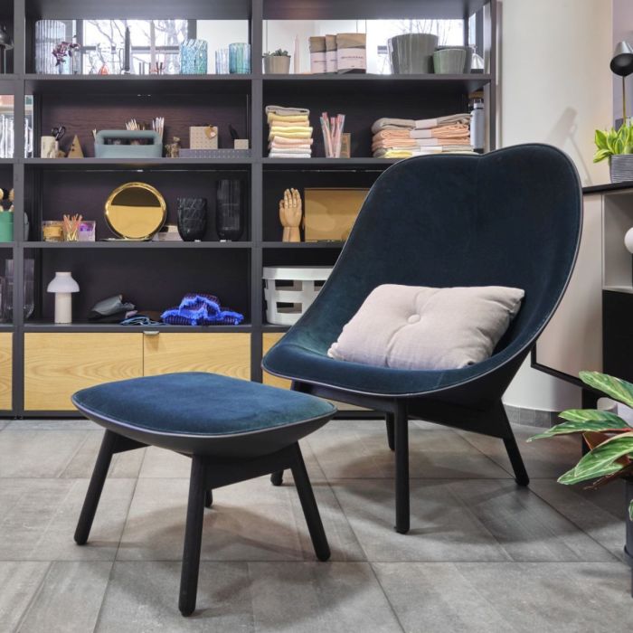 Uchiwa Ottoman, Dark Green Velour Upholstery / Black Base