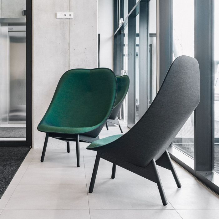 Uchiwa Armchair, Dark Green Velour Upholstery / Black Base